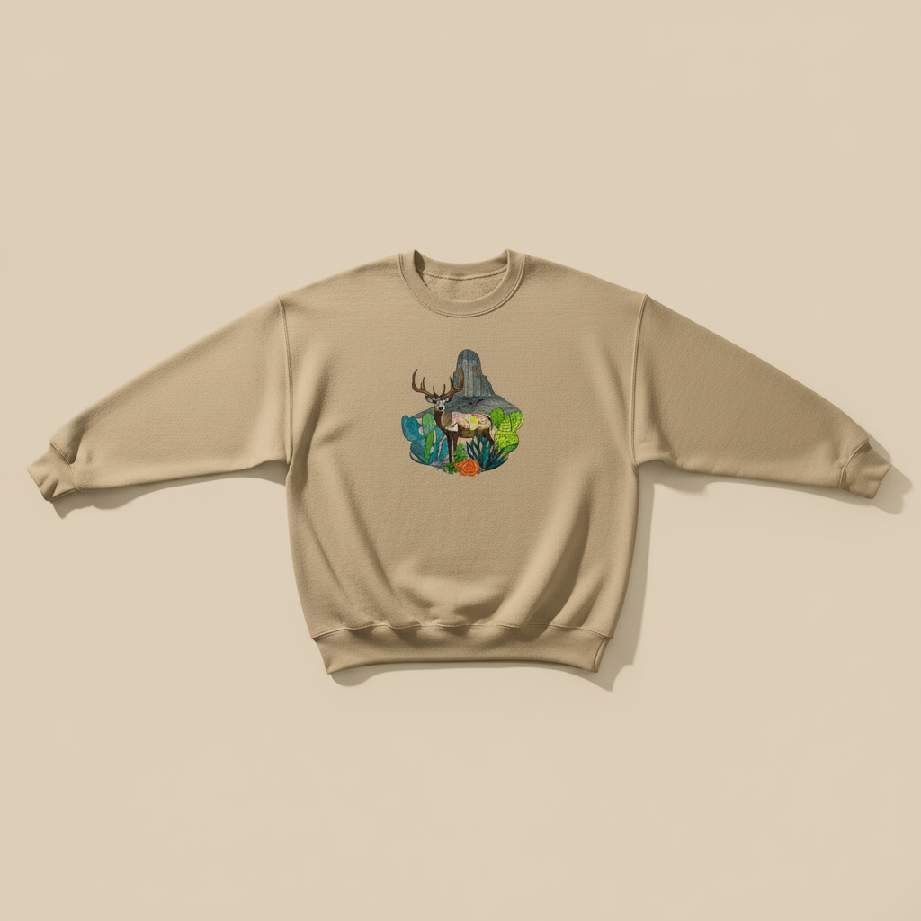 Alpine Desert Fusion Deer Machine Embroidered Sweatshirt – Hand Finished in Dubai | EmbroMania