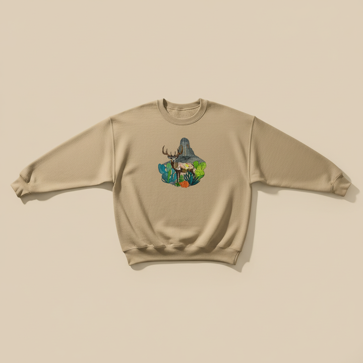 Alpine Desert Fusion Deer Machine Embroidered Sweatshirt – Hand Finished in Dubai | EmbroMania