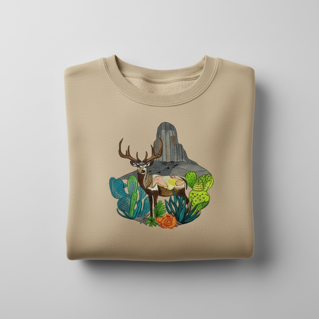 Alpine Desert Fusion Deer Machine Embroidered Sweatshirt – Hand Finished in Dubai | EmbroMania