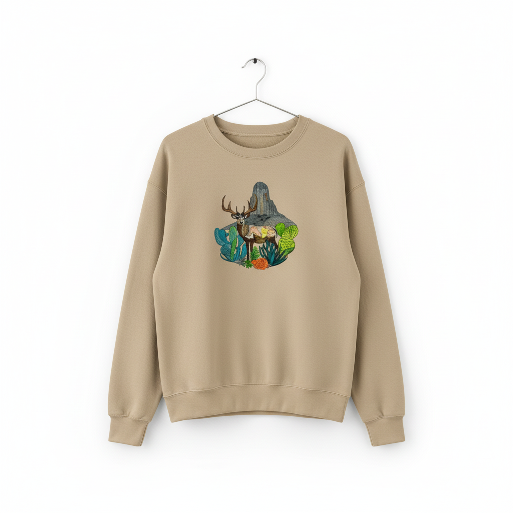 Alpine Desert Fusion Deer Machine Embroidered Sweatshirt – Hand Finished in Dubai | EmbroMania