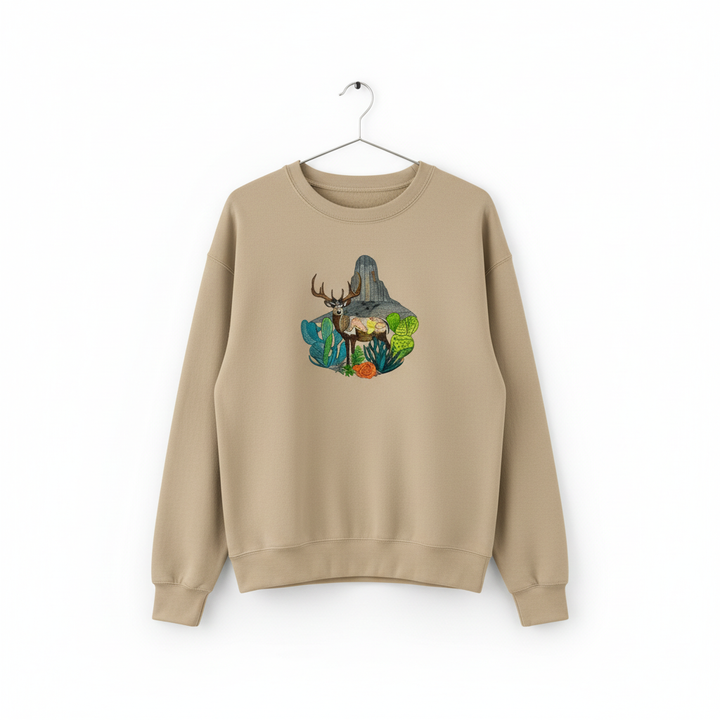 Alpine Desert Fusion Deer Machine Embroidered Sweatshirt – Hand Finished in Dubai | EmbroMania