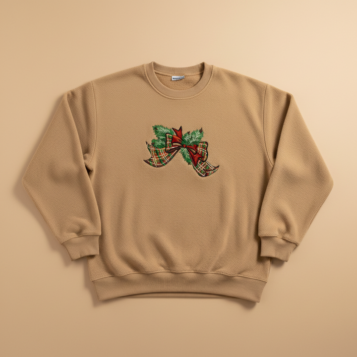 Tartan Ribbon &amp; Evergreen Bow Machine Embroidered Sweatshirt – Hand Finished in Dubai | EmbroMania