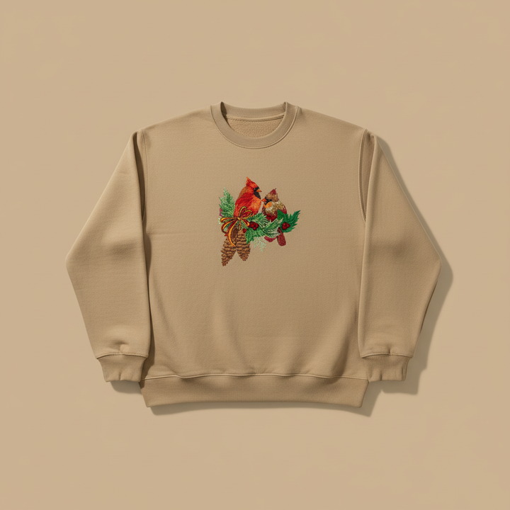 Cardinal Pair with Pinecones Machine Embroidered Sweatshirt – Hand Finished in Dubai | EmbroMania