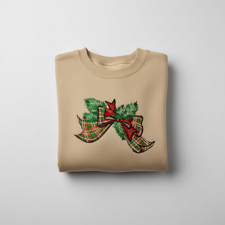 Tartan Ribbon &amp; Evergreen Bow Machine Embroidered Sweatshirt – Hand Finished in Dubai | EmbroMania