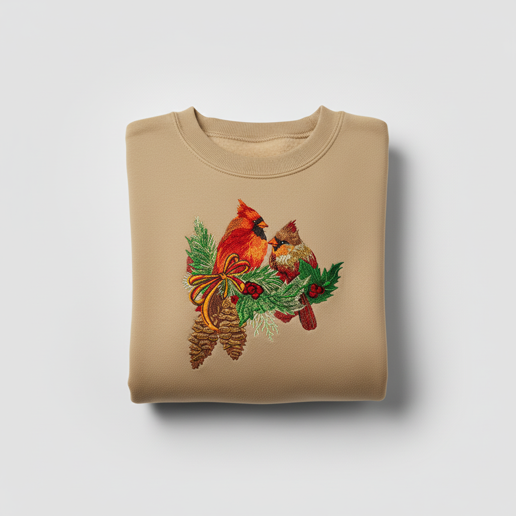 Cardinal Pair with Pinecones Machine Embroidered Sweatshirt – Hand Finished in Dubai | EmbroMania