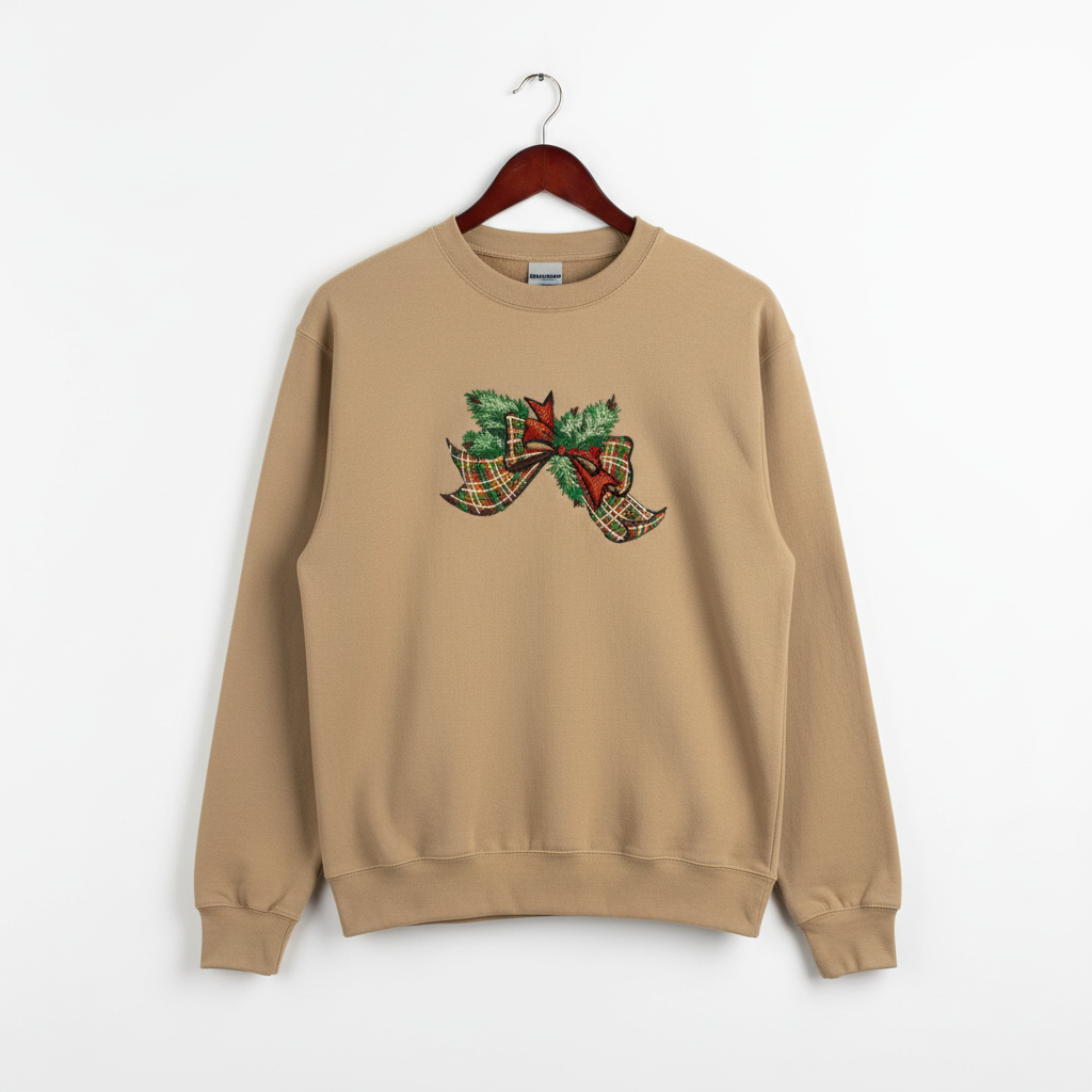 Tartan Ribbon &amp; Evergreen Bow Machine Embroidered Sweatshirt – Hand Finished in Dubai | EmbroMania
