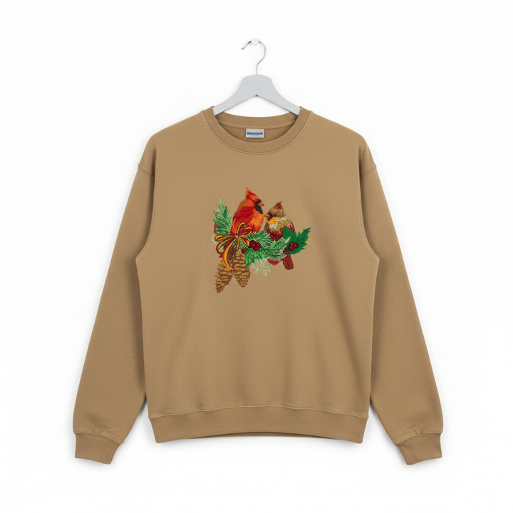 Cardinal Pair with Pinecones Machine Embroidered Sweatshirt – Hand Finished in Dubai | EmbroMania