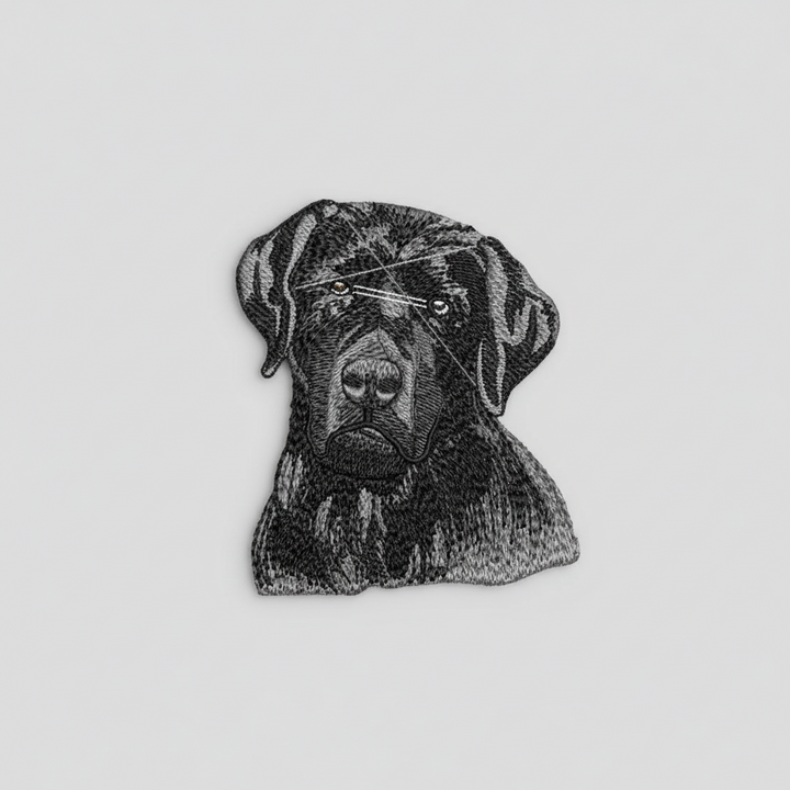 Realistic black Labrador embroidery patch featuring a detailed dog portrait with floppy ears and textured black thread shading, stitched on a light background, original EmbroMania artwork.