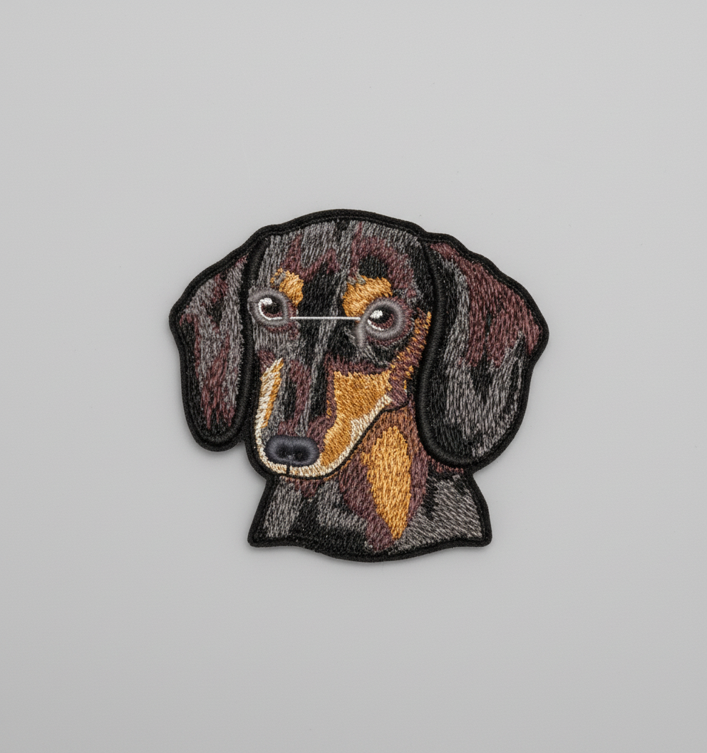 Embroidered Black_Tan Dachshund design on a grid background