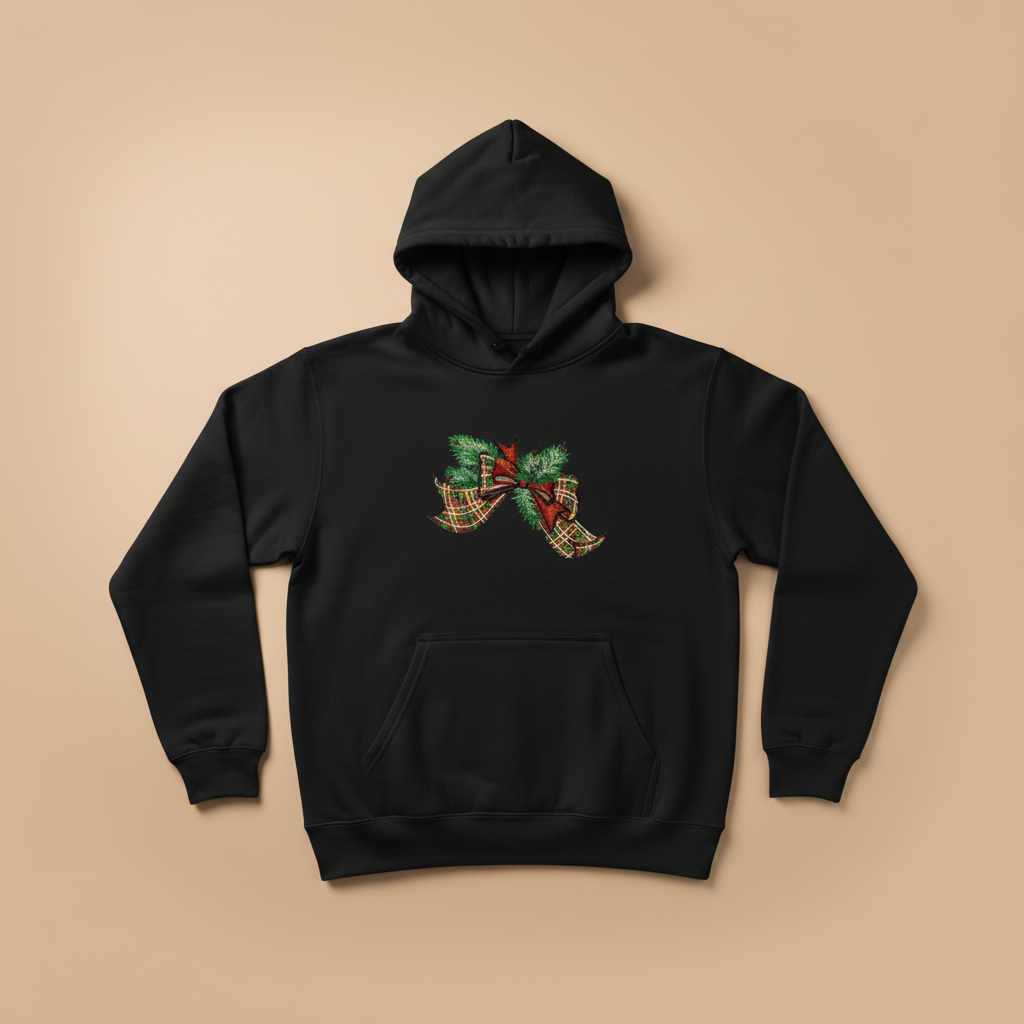 Tartan Ribbon &amp; Evergreen Bow Machine Embroidered Sweatshirt – Hand Finished in Dubai | EmbroMania