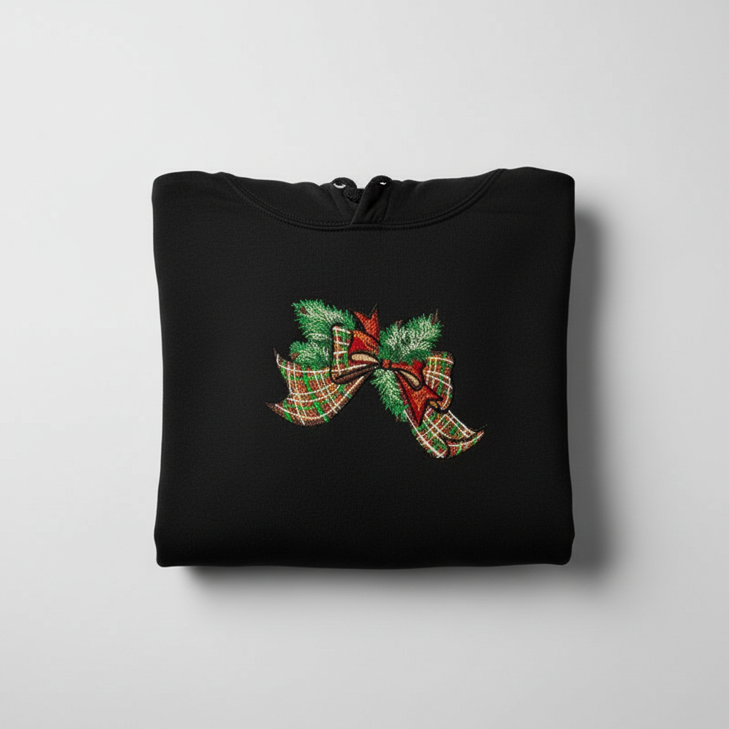 Tartan Ribbon &amp; Evergreen Bow Machine Embroidered Sweatshirt – Hand Finished in Dubai | EmbroMania