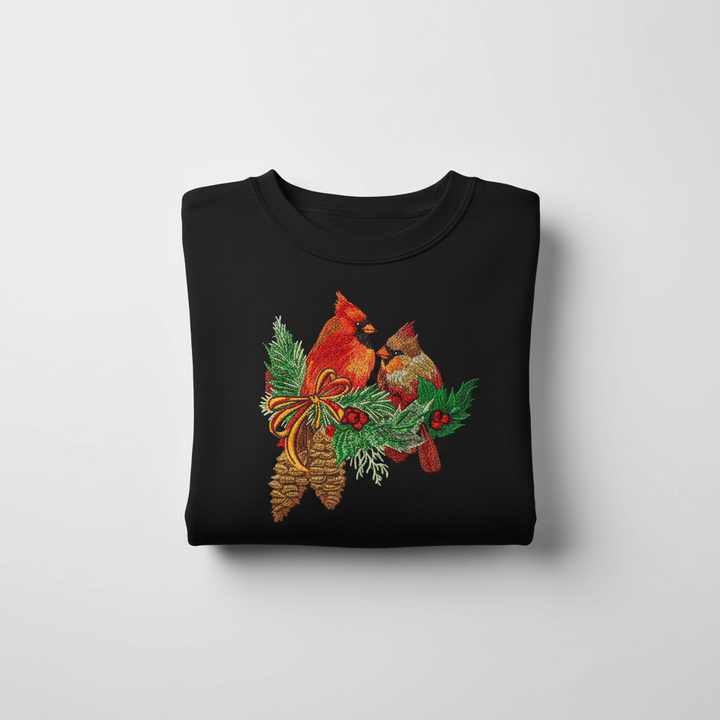 Cardinal Pair with Pinecones Machine Embroidered Sweatshirt – Hand Finished in Dubai | EmbroMania