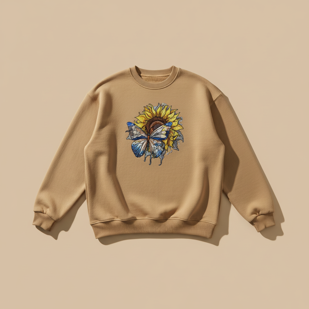 Blue Butterfly Sunflower Machine Embroidered Sweatshirt – Hand Finished in Dubai | EmbroMania