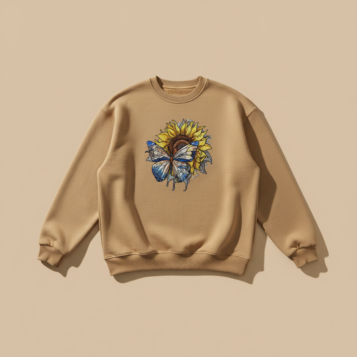 Blue Butterfly Sunflower Machine Embroidered Sweatshirt – Hand Finished in Dubai | EmbroMania