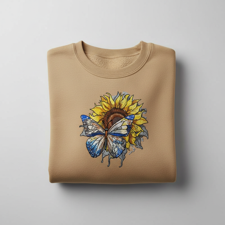 Blue Butterfly Sunflower Machine Embroidered Sweatshirt – Hand Finished in Dubai | EmbroMania