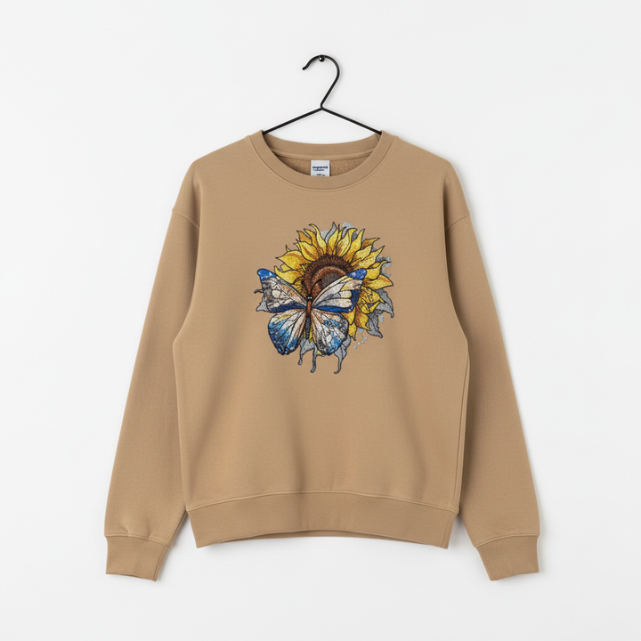 Blue Butterfly Sunflower Machine Embroidered Sweatshirt – Hand Finished in Dubai | EmbroMania