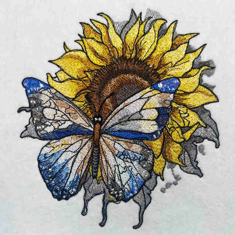 Blue Butterfly Sunflower Machine Embroidered Sweatshirt – Hand Finished in Dubai | EmbroMania