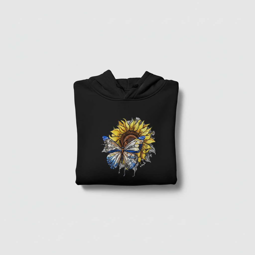Azure Butterfly Machine Embroidered Hoodie – Hand Finished in Dubai | EmbroMania