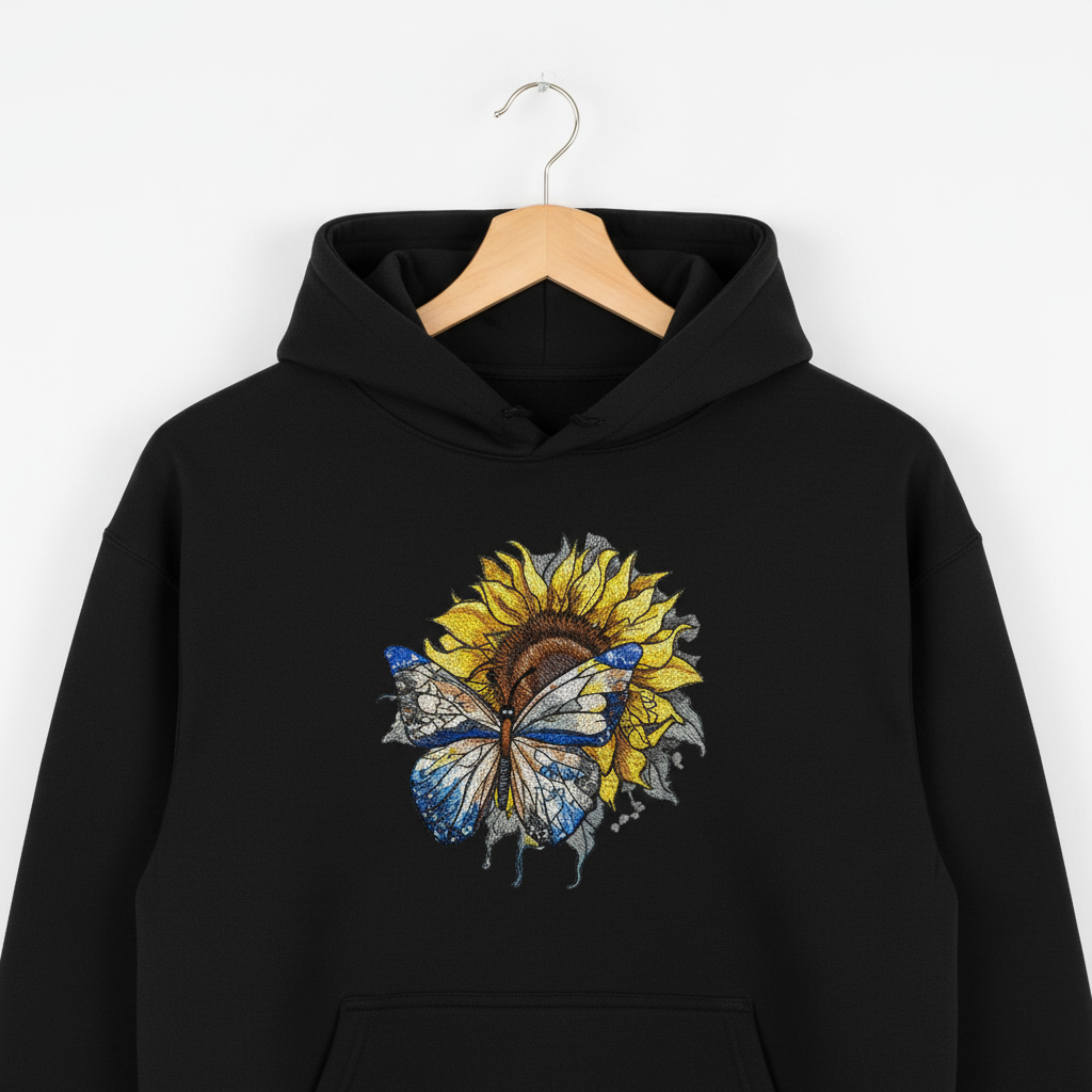 Azure Butterfly Machine Embroidered Hoodie – Hand Finished in Dubai | EmbroMania