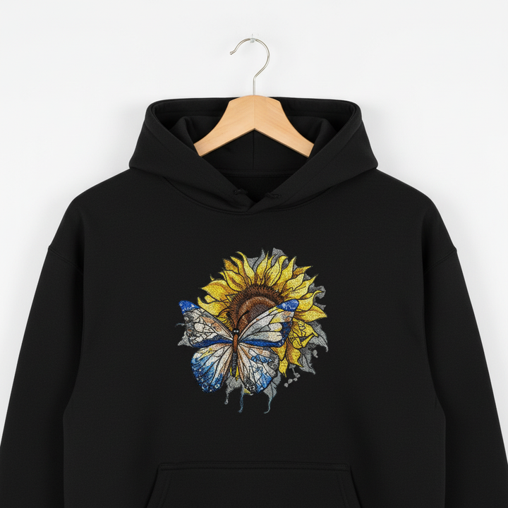 Azure Butterfly Machine Embroidered Hoodie – Hand Finished in Dubai | EmbroMania