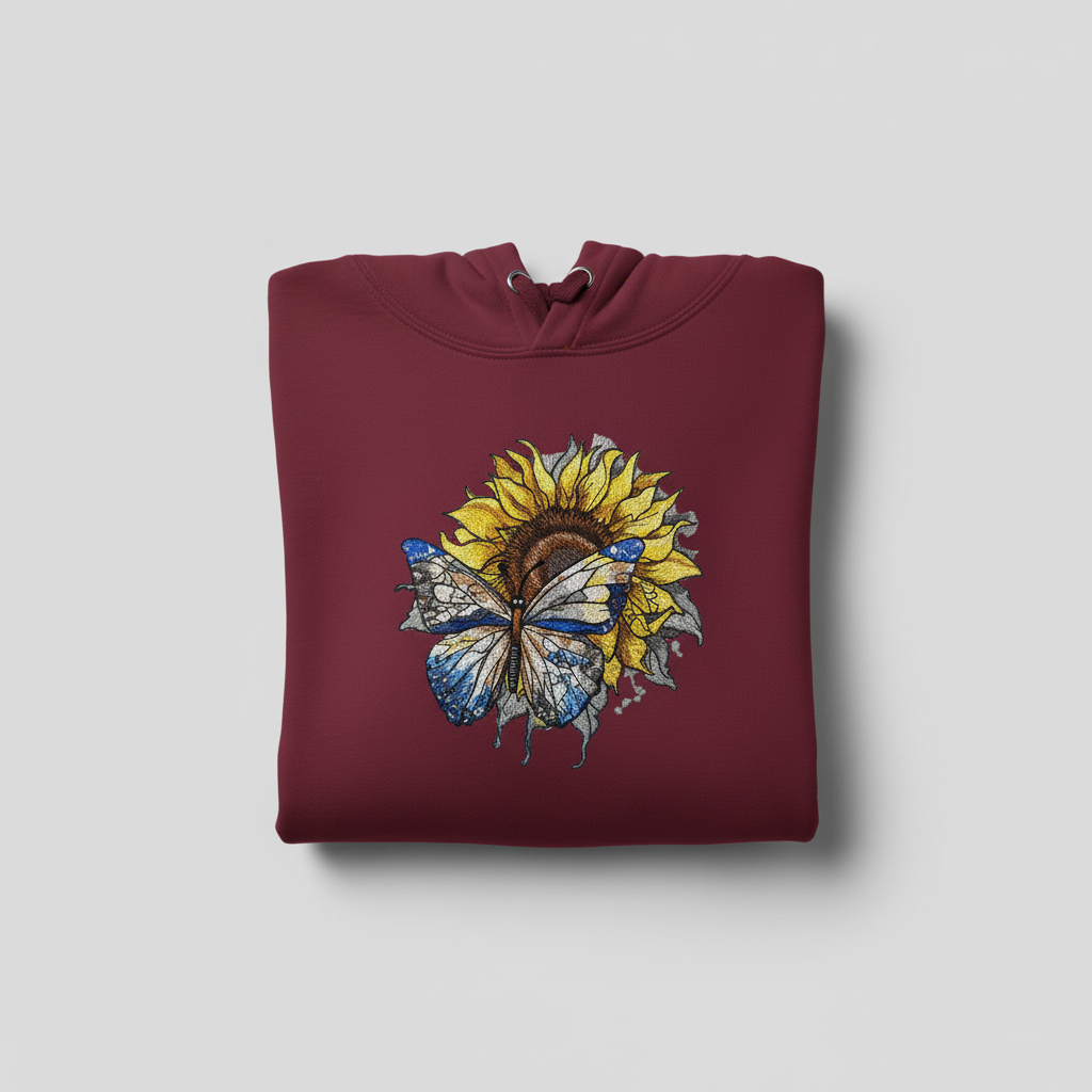 Azure Butterfly Machine Embroidered Hoodie – Hand Finished in Dubai | EmbroMania
