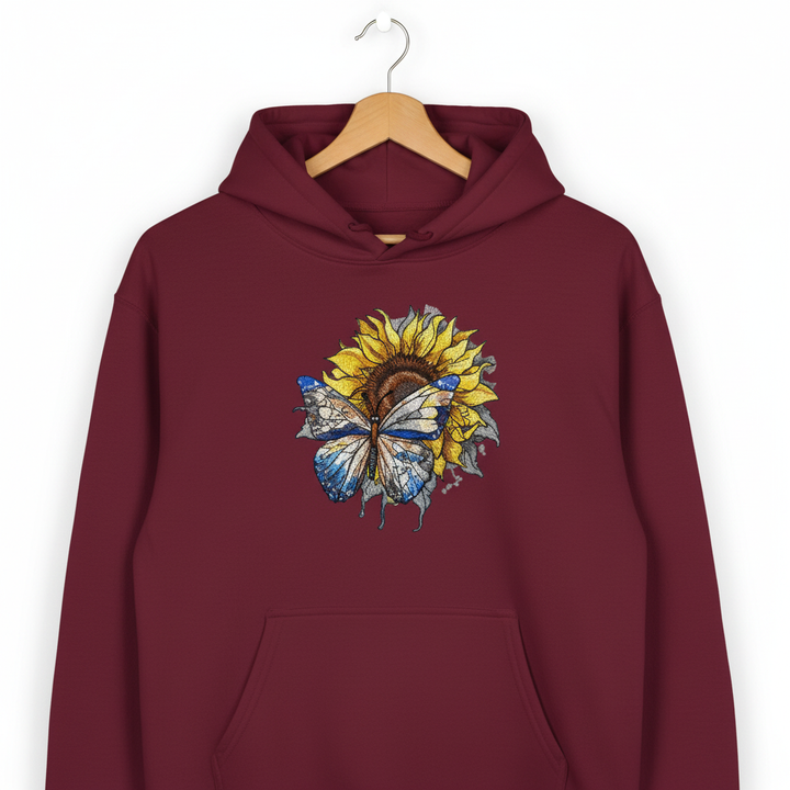 Azure Butterfly Machine Embroidered Hoodie – Hand Finished in Dubai | EmbroMania