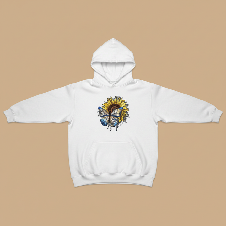 Azure Butterfly Machine Embroidered Hoodie – Hand Finished in Dubai | EmbroMania