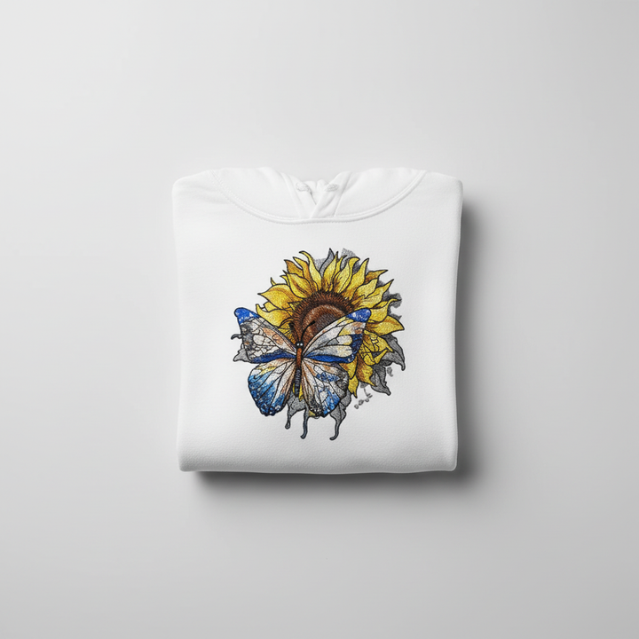 Azure Butterfly Machine Embroidered Hoodie – Hand Finished in Dubai | EmbroMania