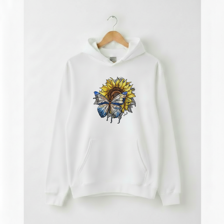 Azure Butterfly Machine Embroidered Hoodie – Hand Finished in Dubai | EmbroMania