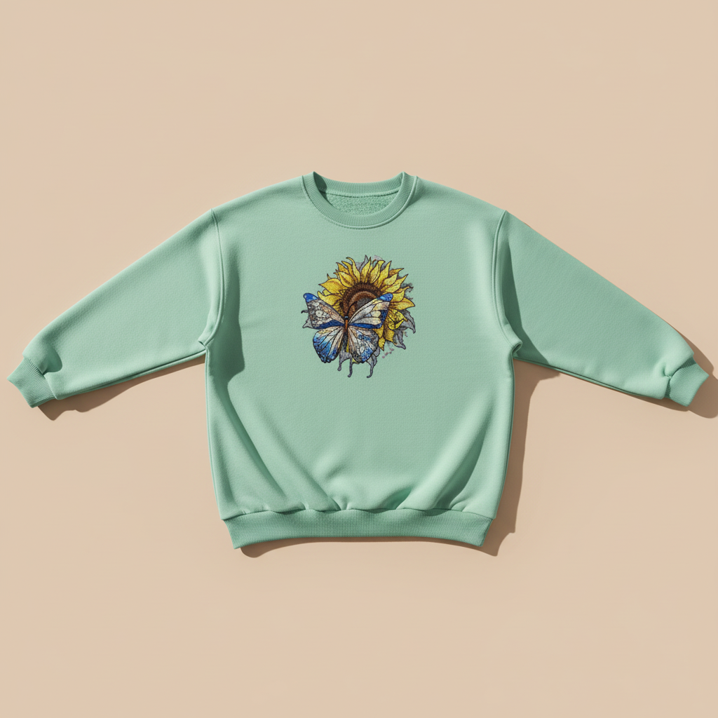 Blue Butterfly Sunflower Machine Embroidered Sweatshirt – Hand Finished in Dubai | EmbroMania