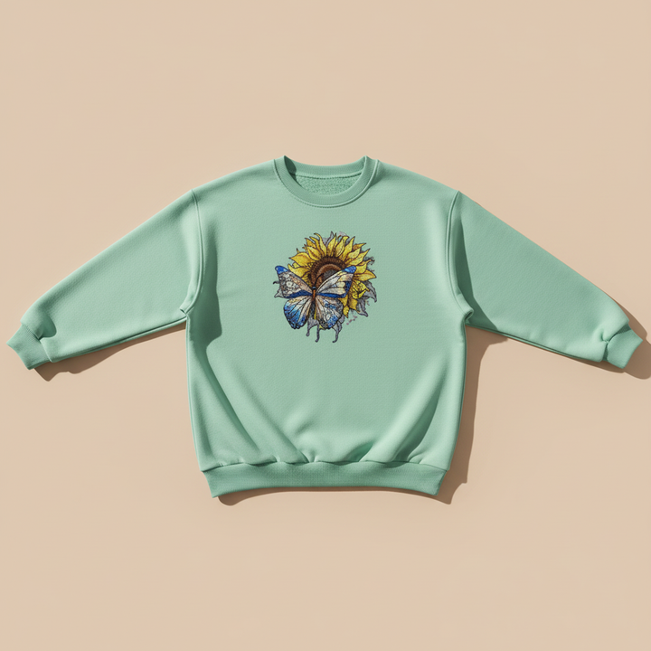 Blue Butterfly Sunflower Machine Embroidered Sweatshirt – Hand Finished in Dubai | EmbroMania