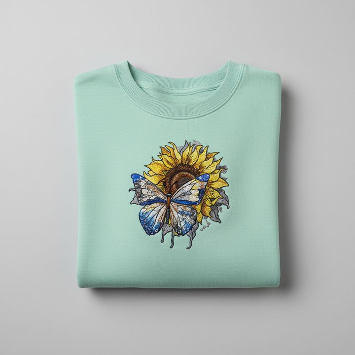 Blue Butterfly Sunflower Machine Embroidered Sweatshirt – Hand Finished in Dubai | EmbroMania