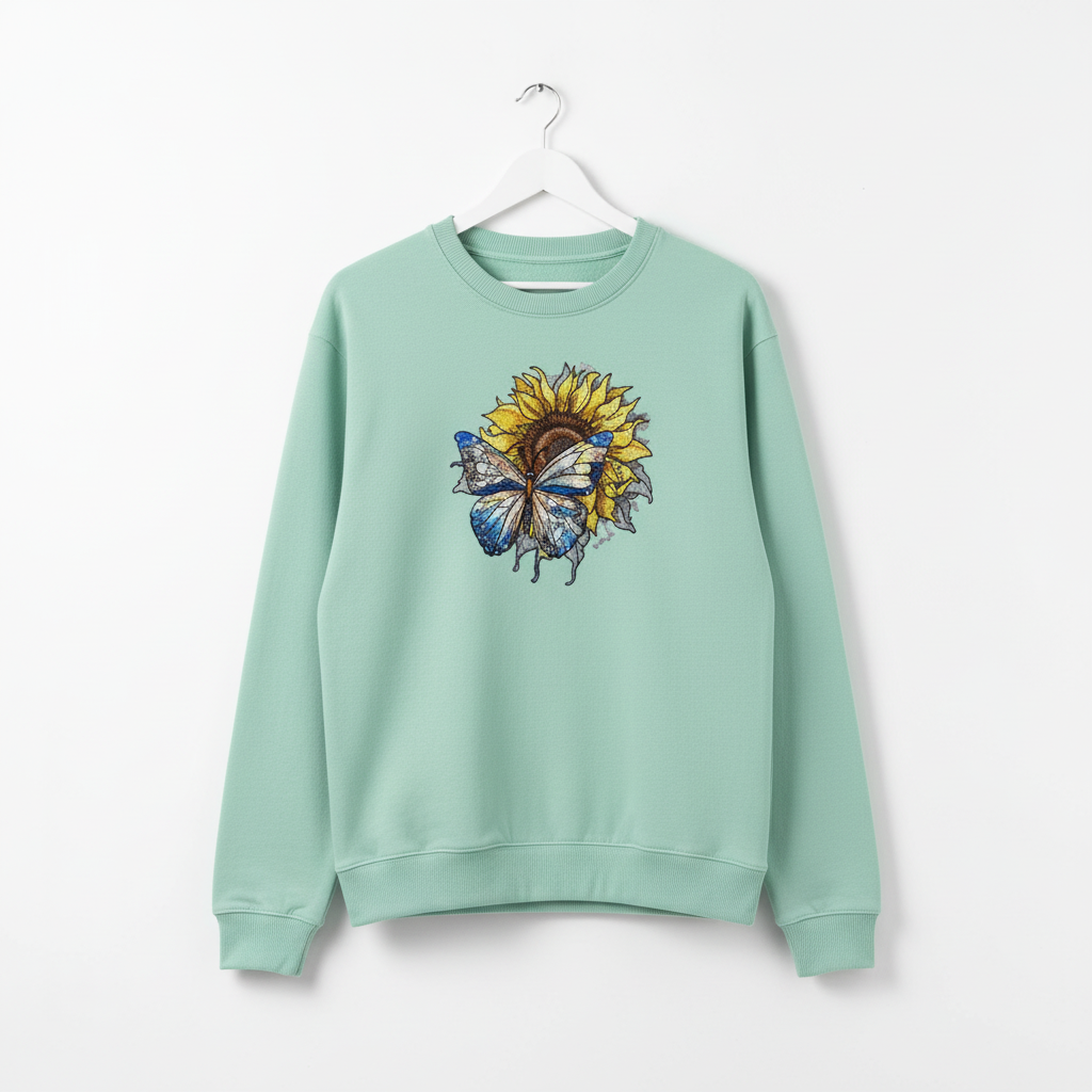 Blue Butterfly Sunflower Machine Embroidered Sweatshirt – Hand Finished in Dubai | EmbroMania