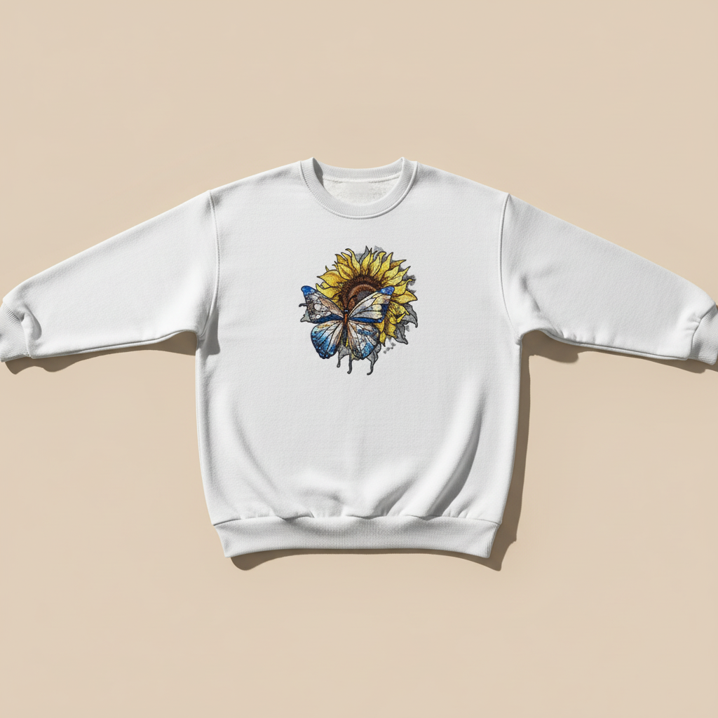 Blue Butterfly Sunflower Machine Embroidered Sweatshirt – Hand Finished in Dubai | EmbroMania