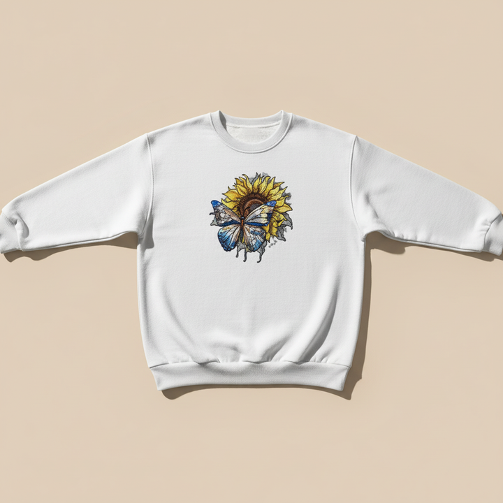 Blue Butterfly Sunflower Machine Embroidered Sweatshirt – Hand Finished in Dubai | EmbroMania