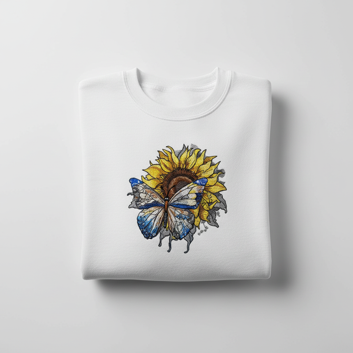 Blue Butterfly Sunflower Machine Embroidered Sweatshirt – Hand Finished in Dubai | EmbroMania