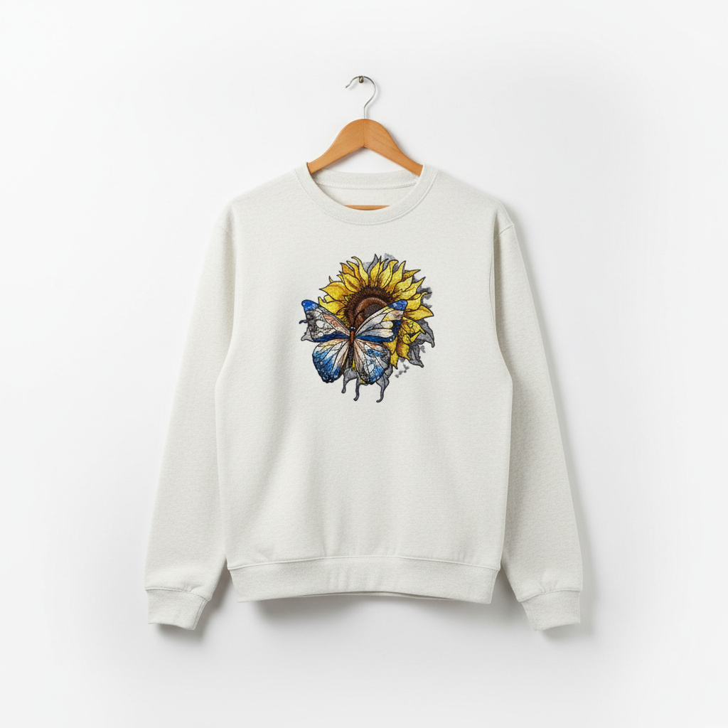 Blue Butterfly Sunflower Machine Embroidered Sweatshirt – Hand Finished in Dubai | EmbroMania