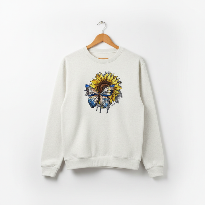 Blue Butterfly Sunflower Machine Embroidered Sweatshirt – Hand Finished in Dubai | EmbroMania
