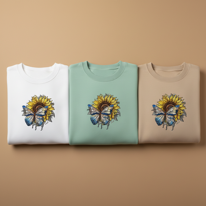 Blue Butterfly Sunflower Machine Embroidered Sweatshirt – Hand Finished in Dubai | EmbroMania