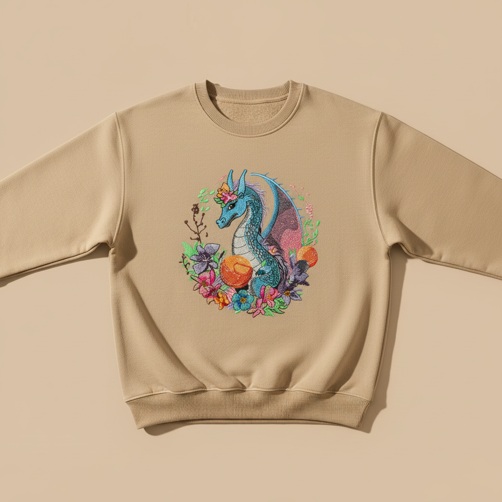 Blue Dragon Floral Machine Embroidered Sweatshirt – Hand Finished in Dubai | EmbroMania