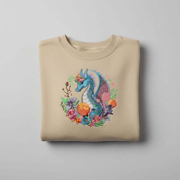Blue Dragon Floral Machine Embroidered Sweatshirt – Hand Finished in Dubai | EmbroMania