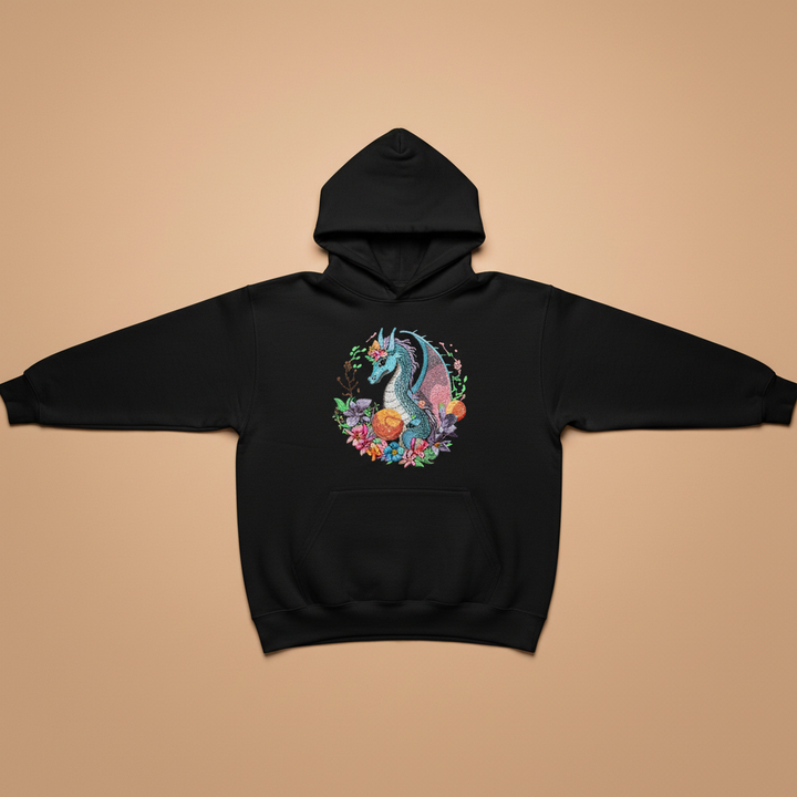 Blue Dragon Floral Machine Embroidered Hoodie – Hand Finished in Dubai | EmbroMania