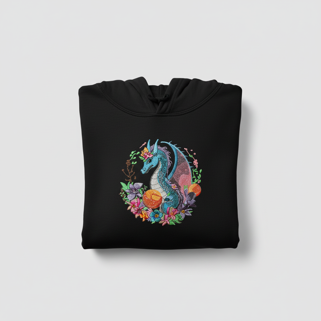 Blue Dragon Floral Machine Embroidered Hoodie – Hand Finished in Dubai | EmbroMania