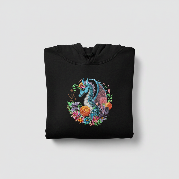 Blue Dragon Floral Machine Embroidered Hoodie – Hand Finished in Dubai | EmbroMania