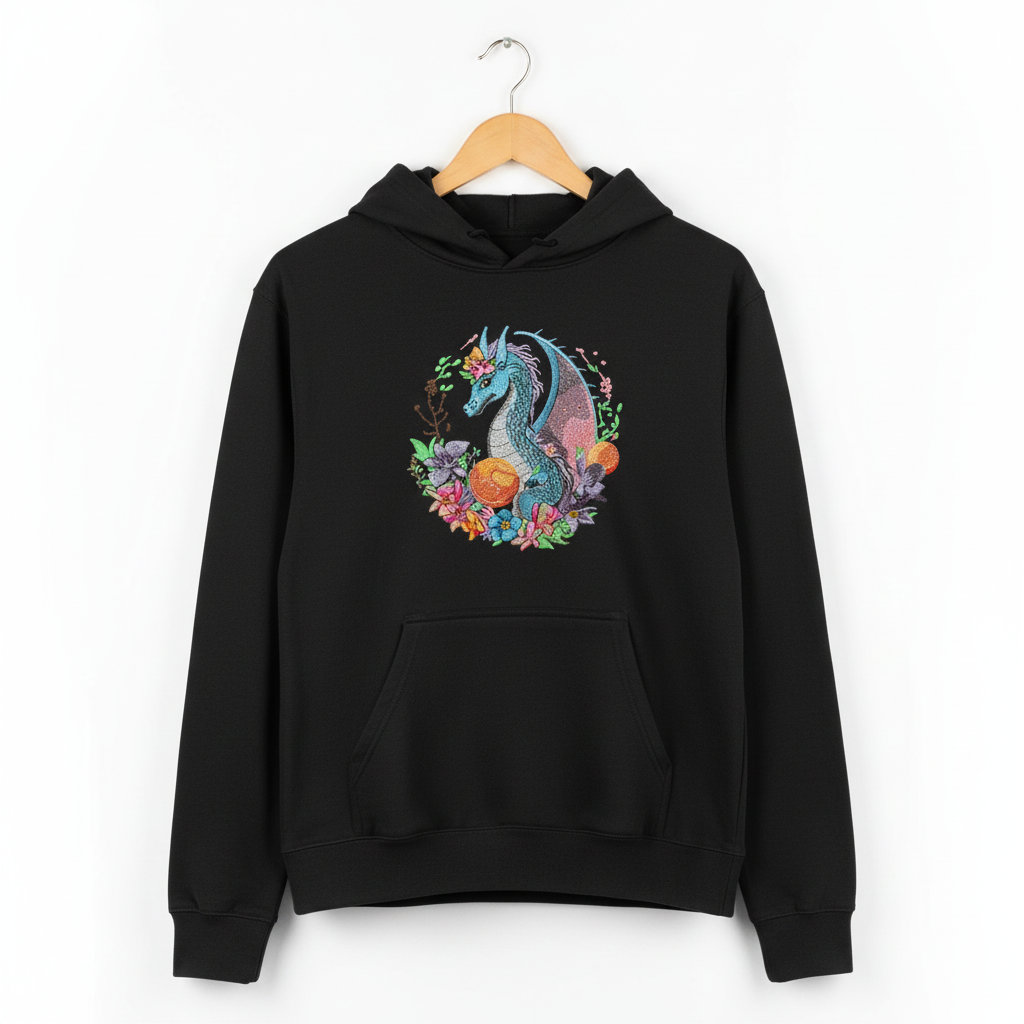 Blue Dragon Floral Machine Embroidered Hoodie – Hand Finished in Dubai | EmbroMania