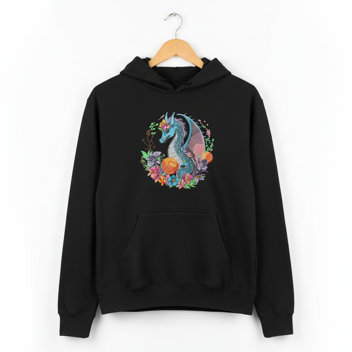 Blue Dragon Floral Machine Embroidered Hoodie – Hand Finished in Dubai | EmbroMania