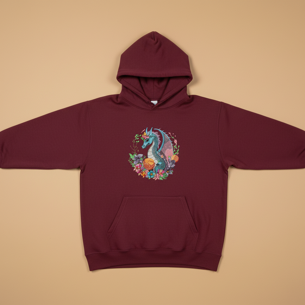 Blue Dragon Floral Machine Embroidered Hoodie – Hand Finished in Dubai | EmbroMania