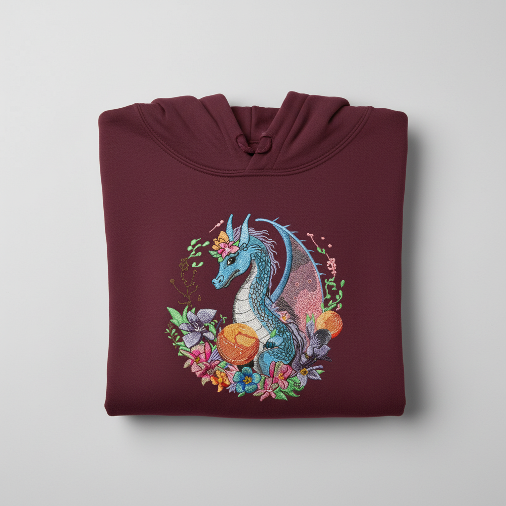 Blue Dragon Floral Machine Embroidered Hoodie – Hand Finished in Dubai | EmbroMania