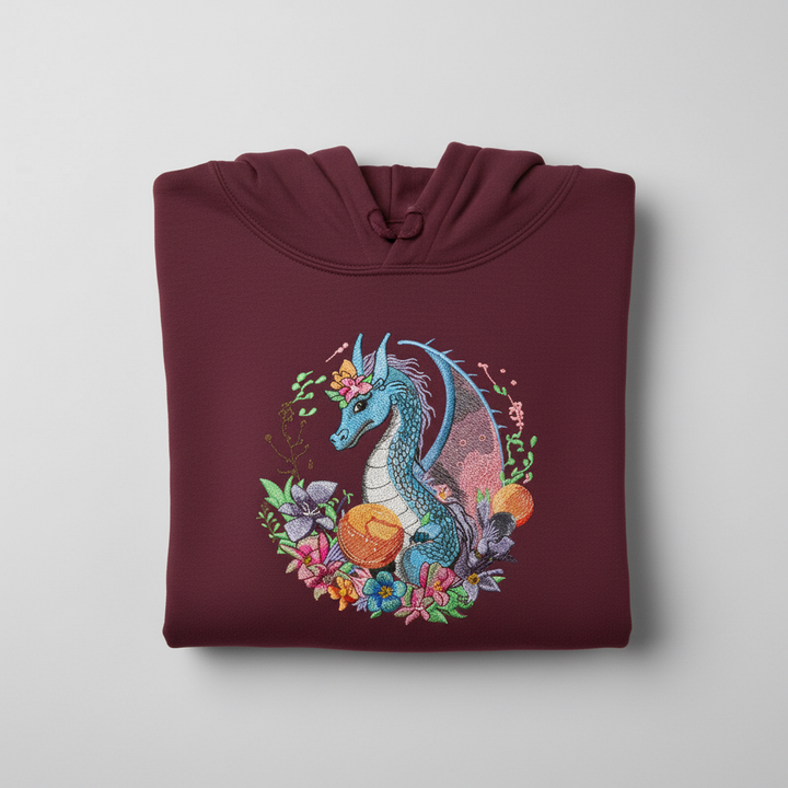 Blue Dragon Floral Machine Embroidered Hoodie – Hand Finished in Dubai | EmbroMania