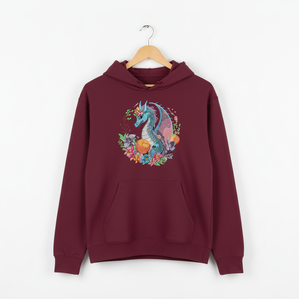 Blue Dragon Floral Machine Embroidered Hoodie – Hand Finished in Dubai | EmbroMania